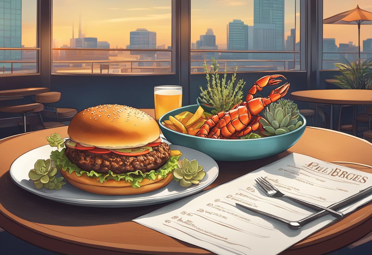 A sizzling burger and succulent lobster on a plate, with a menu in the background showcasing the highlights