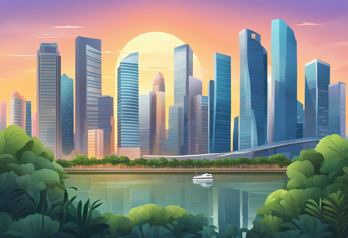 A bustling city skyline with iconic landmarks, modern skyscrapers, and lush greenery, set against a vibrant sunset in Singapore
