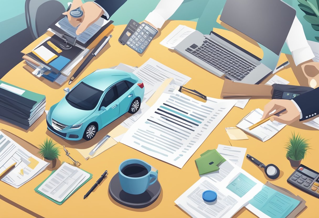 A person signing a car financing contract at a desk with a bank representative explaining terms and conditions. A car key and paperwork on the table