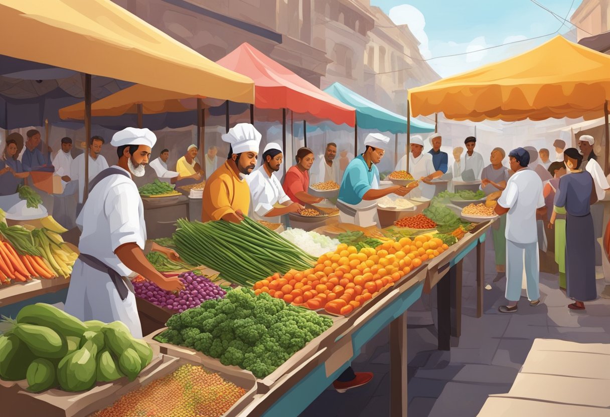 A bustling outdoor market with colorful stalls selling fresh produce, spices, and exotic ingredients. A chef expertly prepares a dish at a food stall, surrounded by eager customers