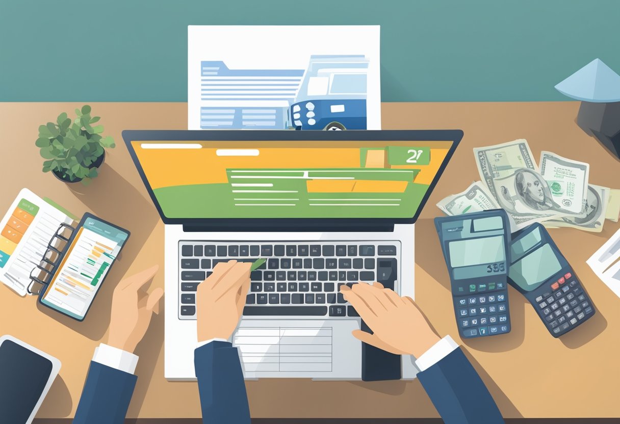 A person carefully comparing car loan options at a desk with paperwork and a calculator