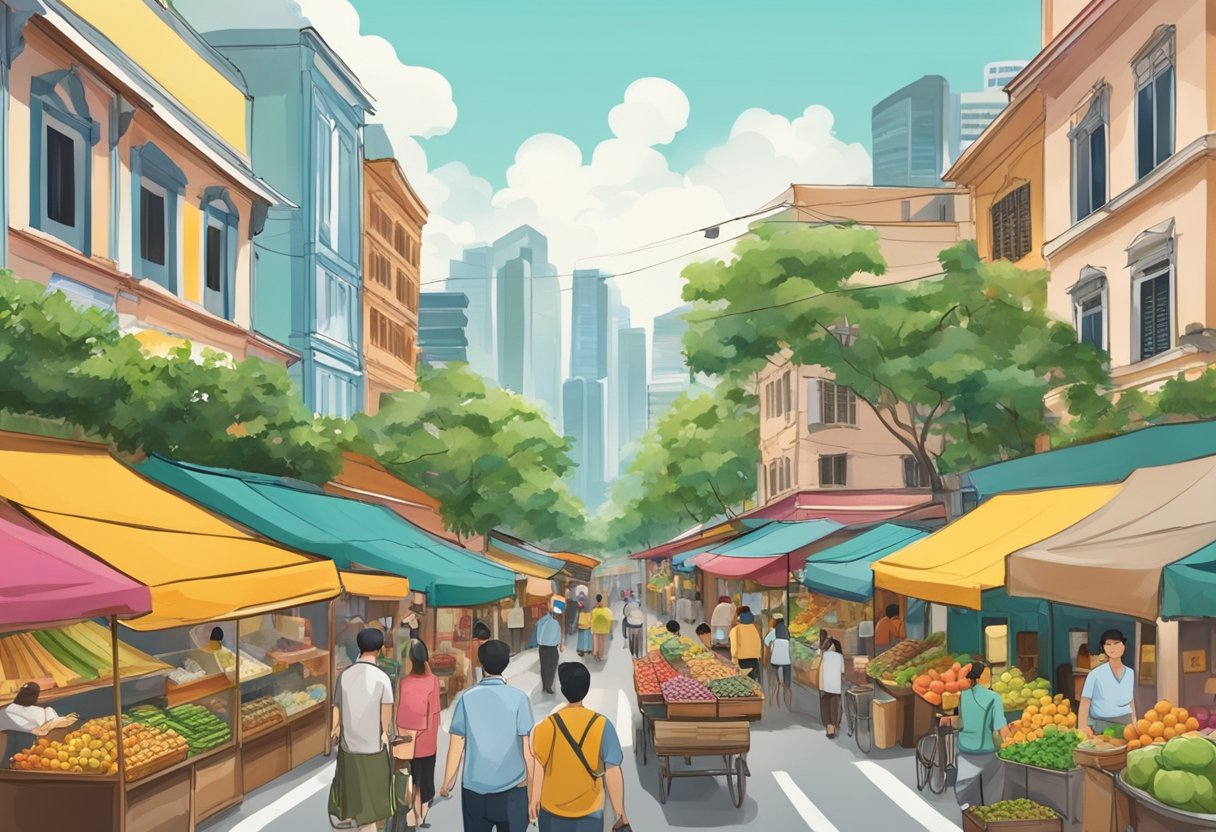 A bustling street in Singapore, with colorful buildings and lush greenery. A bustling market with vendors selling exotic fruits and local delicacies. The sound of chatter and laughter fills the air