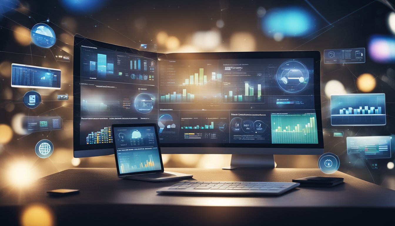 A computer screen displaying various digital marketing platforms with data and analytics. A person analyzing and optimizing paid traffic campaigns