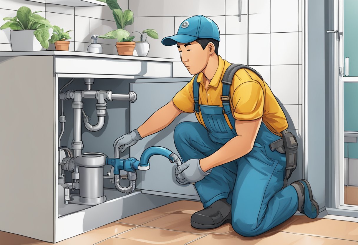 A plumber fixing a leaky pipe under a sink in a modern Singaporean home