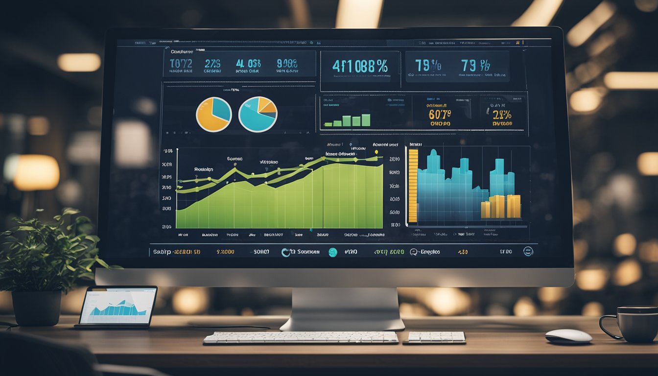 A tela de um computador exibe um painel com diversas métricas e gráficos relacionados ao gerenciamento de tráfego pago. Um cursor do mouse passa sobre um botão denominado "otimizar", enquanto um gráfico mostra um aumento constante no tráfego do site