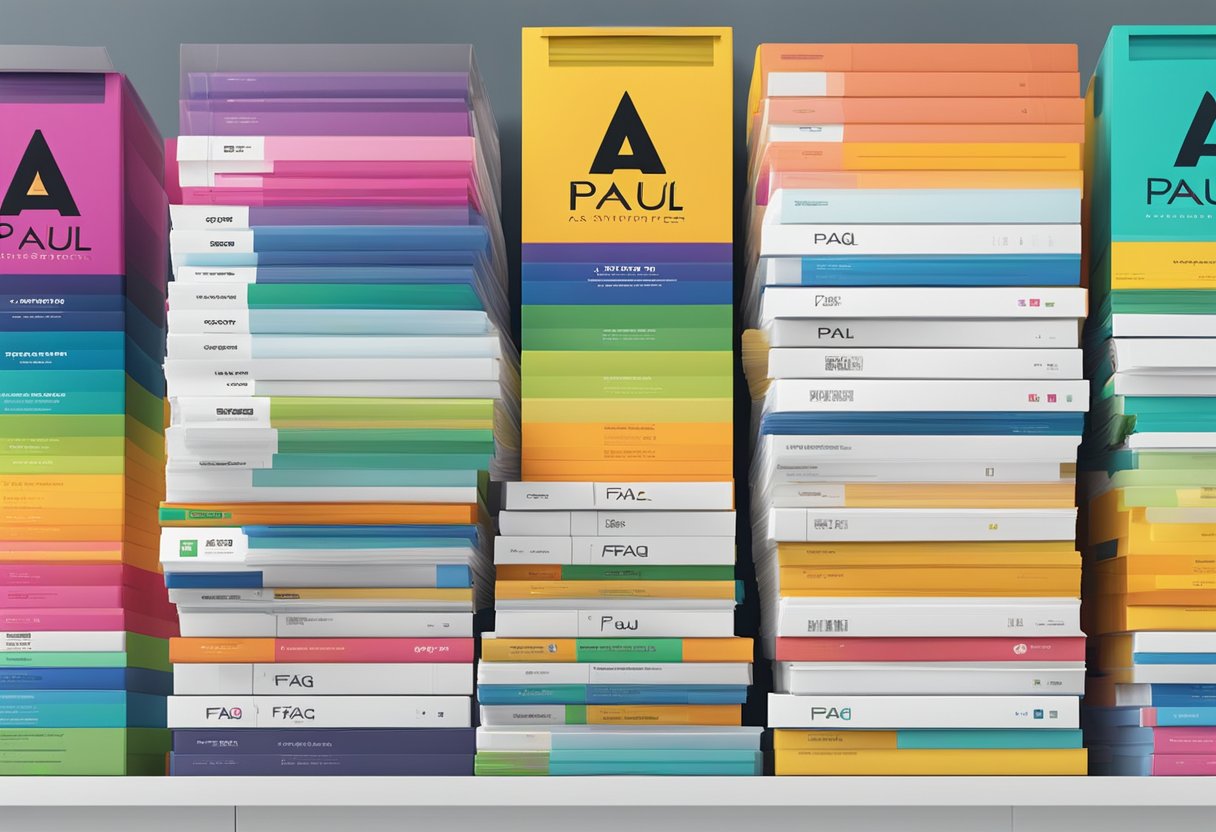 A stack of colorful FAQ pamphlets on a sleek counter, with the Paul Singapore logo prominently displayed