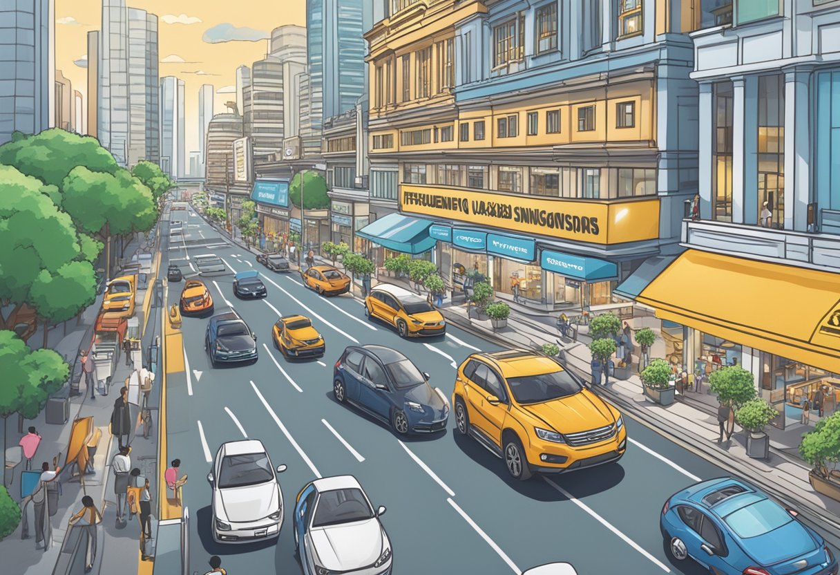 A car driving through a bustling city with a sign that reads "Frequently Asked Questions car financing singapore" in the foreground