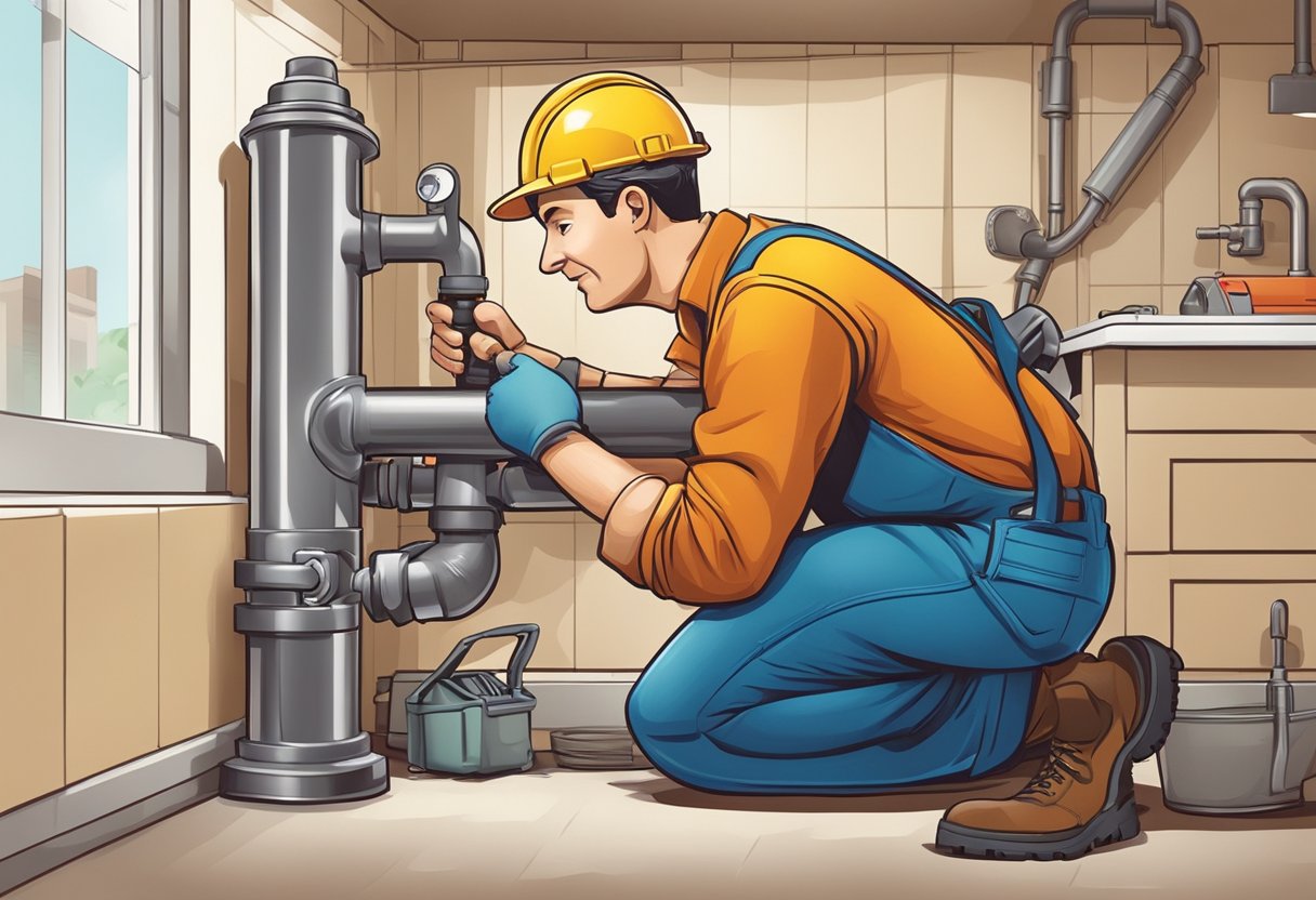 A plumber fixing a leaky pipe with a wrench and toolbox nearby