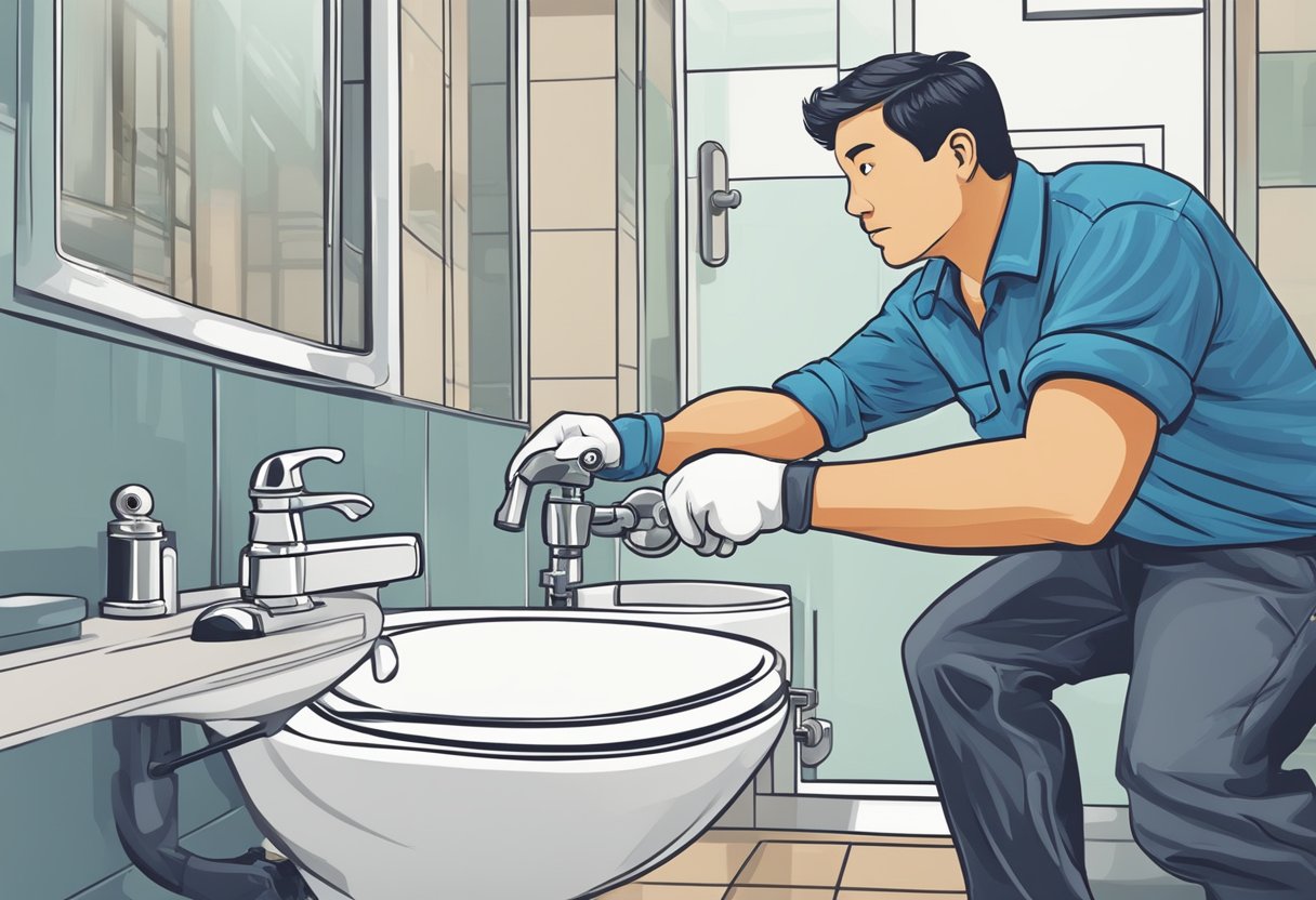 A plumber fixing a leaky faucet in a modern Singaporean bathroom