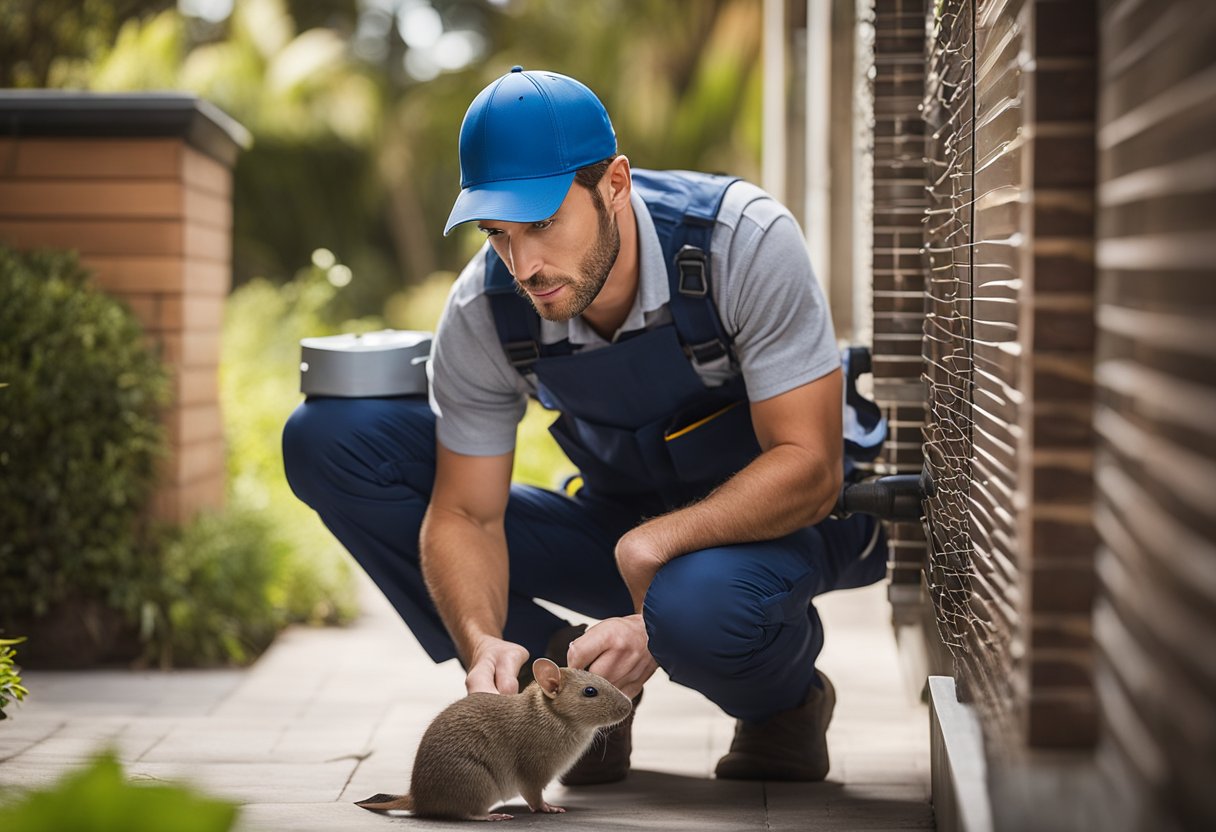 A technician inspecting and sealing entry points around a Sydney home, setting up traps, and removing potential food sources to prevent rodent infestations