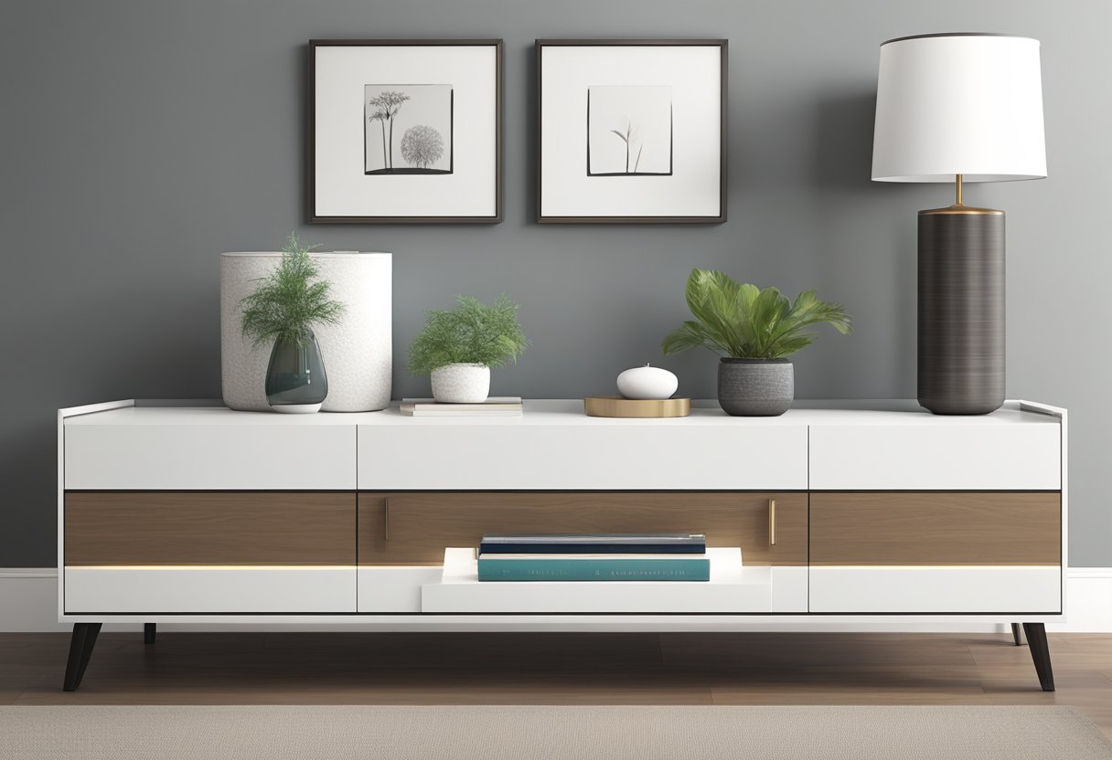 A sleek, modern side table in a stylish Singapore living room. Clean lines, minimalist design, and a touch of Asian influence