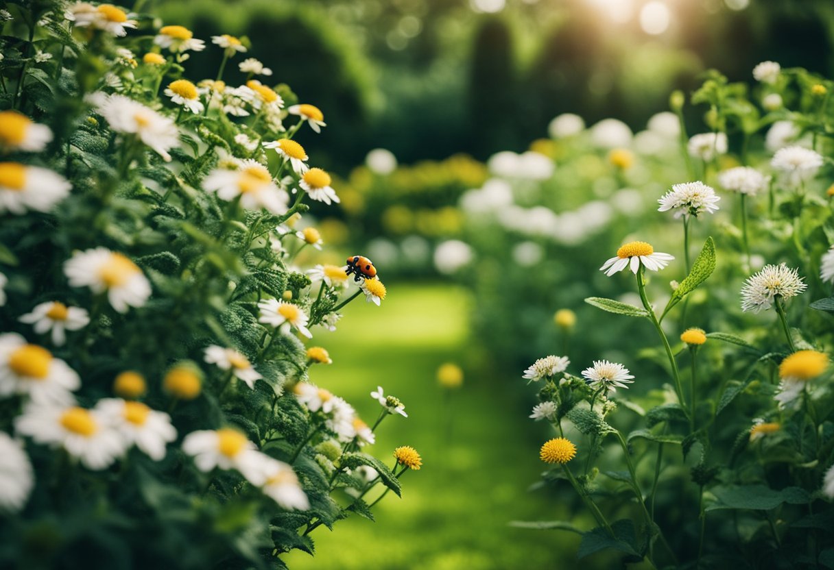 A garden with a variety of plants and flowers, surrounded by natural barriers like hedges or fences. Insects like ladybugs and bees are present, while pests like aphids and caterpillars are being deterred by companion planting or natural predators