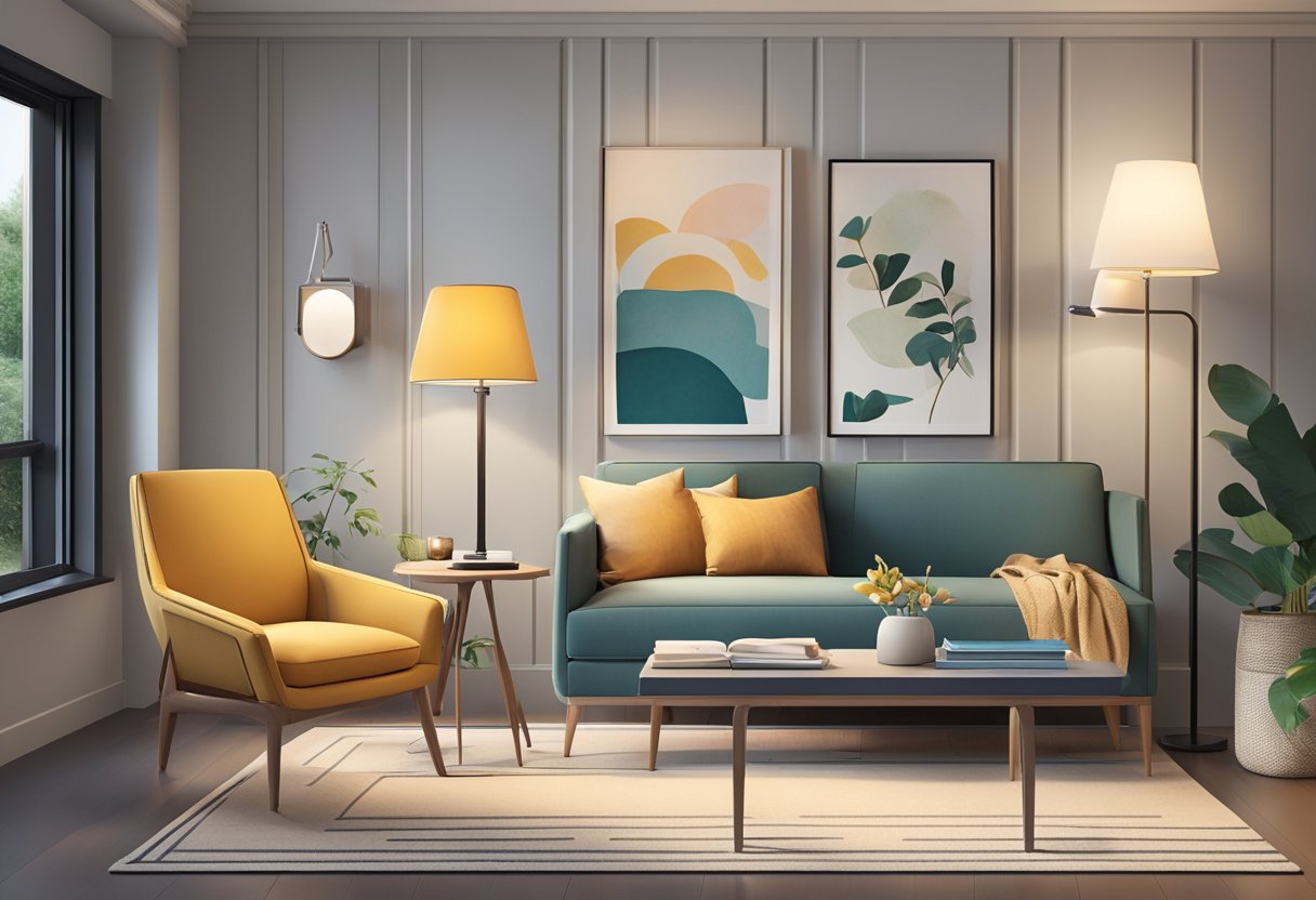 A cozy living room with a modern sofa and a sleek side table in Singapore. The table is adorned with a stylish lamp and a stack of books, creating a perfect reading nook