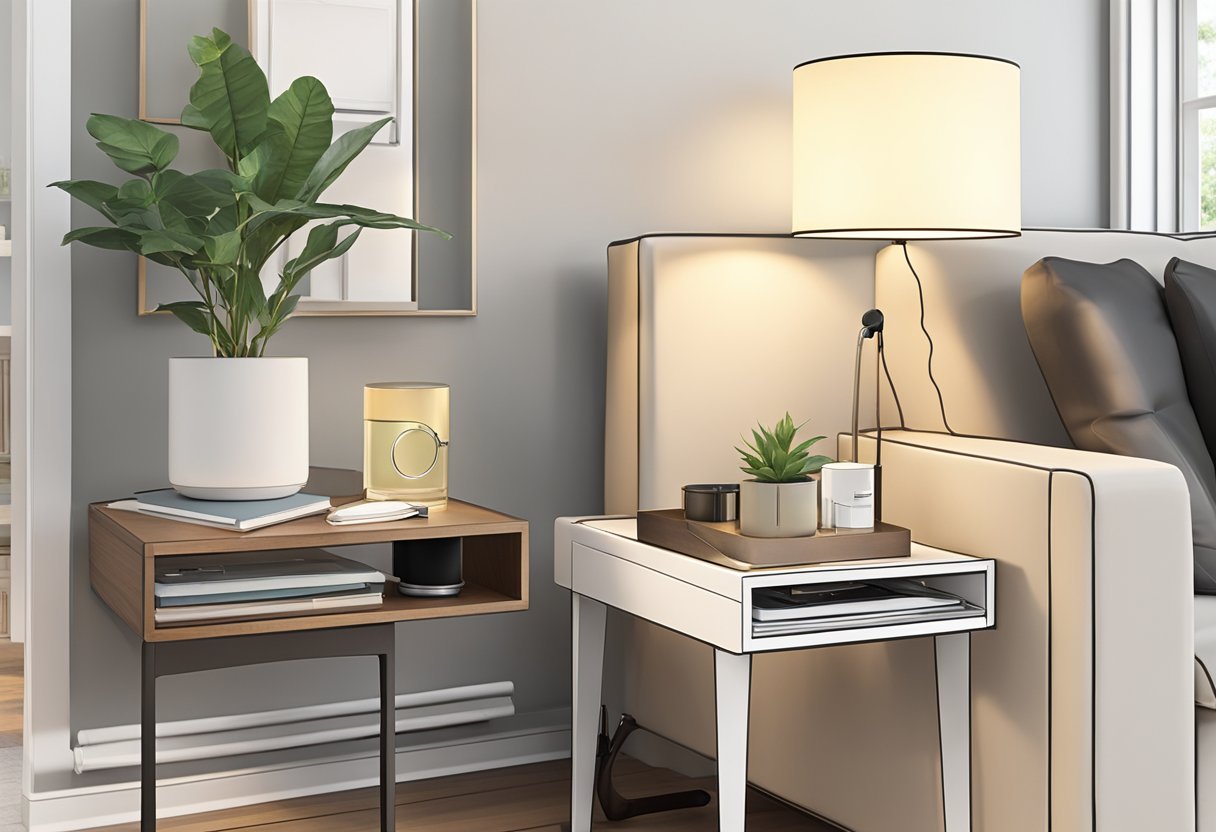 Two side tables with storage compartments and built-in charging ports sit next to a sofa, holding books, a lamp, and a plant