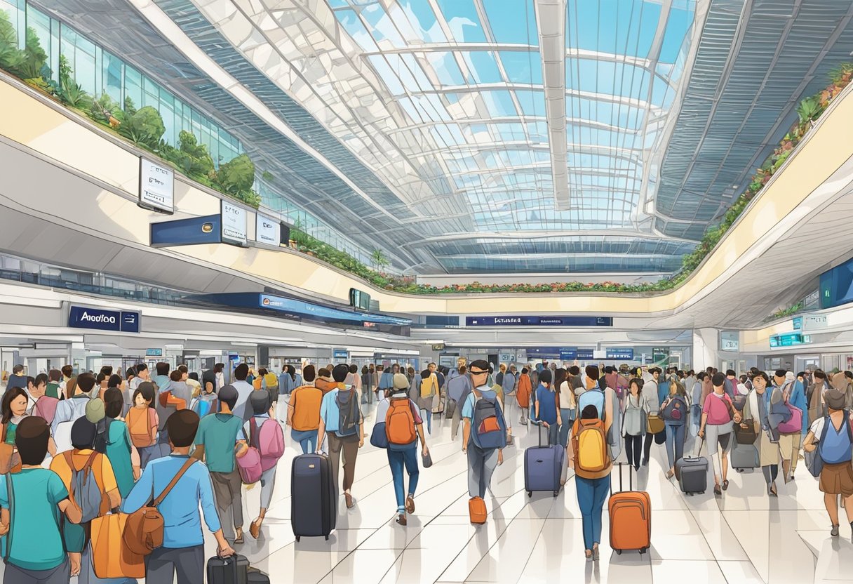 Passengers walking through Singapore airport arrivals, luggage in hand, greeted by bustling crowds and the iconic architecture of the terminal