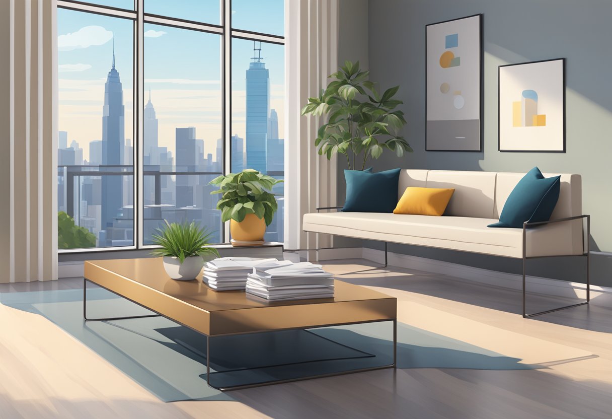 A modern living room with a sleek side table, displaying a stack of brochures and a small potted plant, against a backdrop of a city skyline through a window