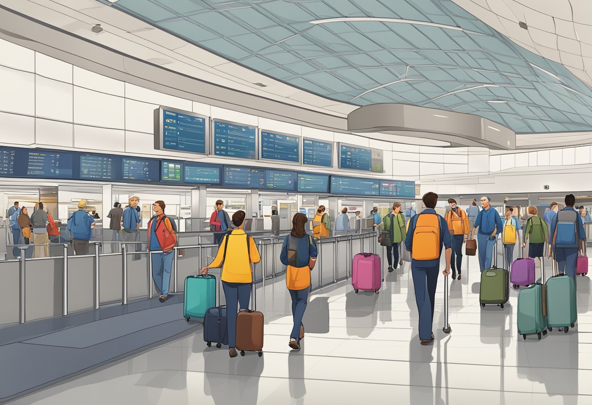 Passengers walking towards baggage claim, while airport staff guide them with signs and instructions. Baggage carousels and electronic flight information boards are visible