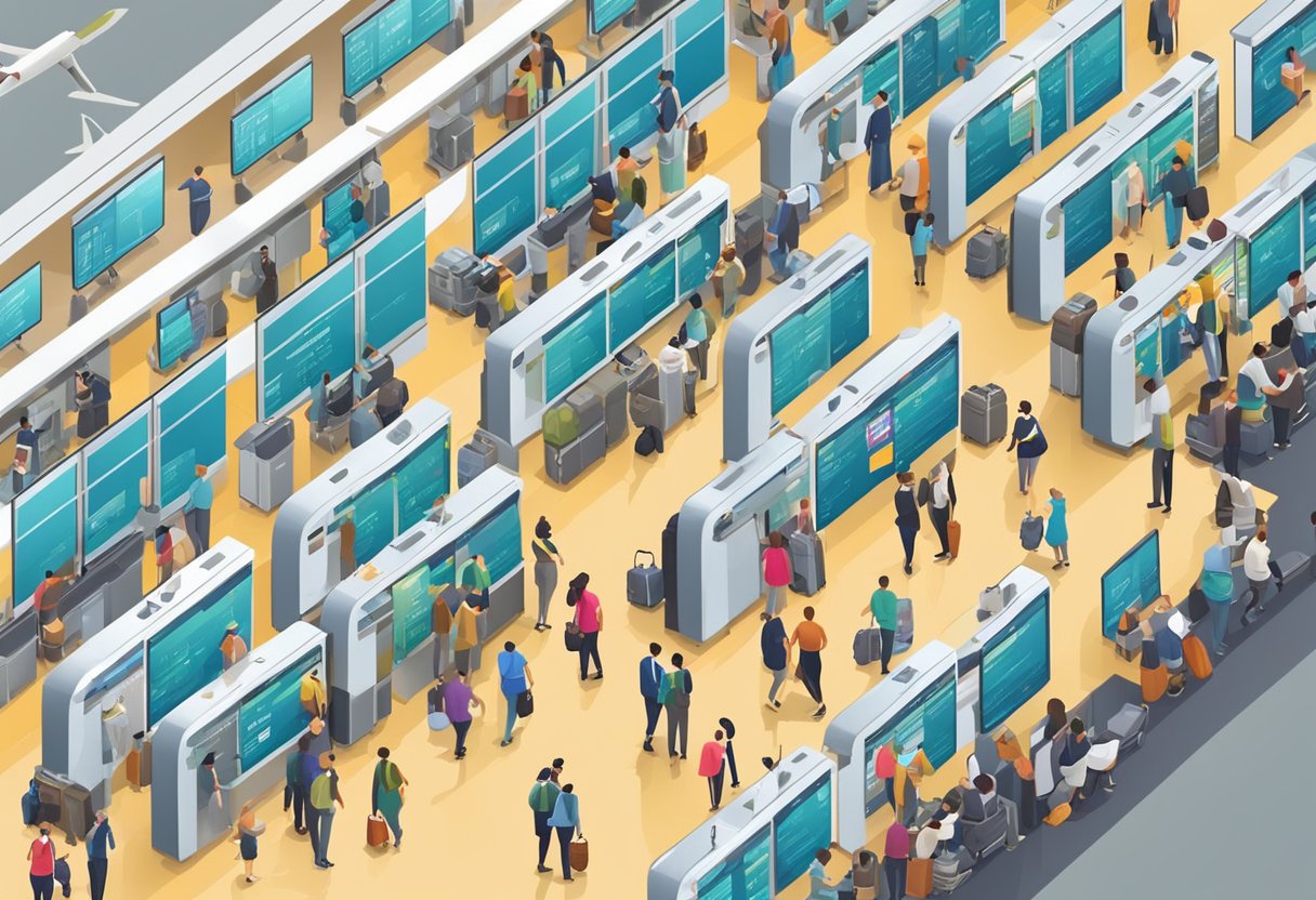 Passengers gather near arrival screens, checking flight info. Airline staff assist travelers with luggage and inquiries. Airport bustling with activity