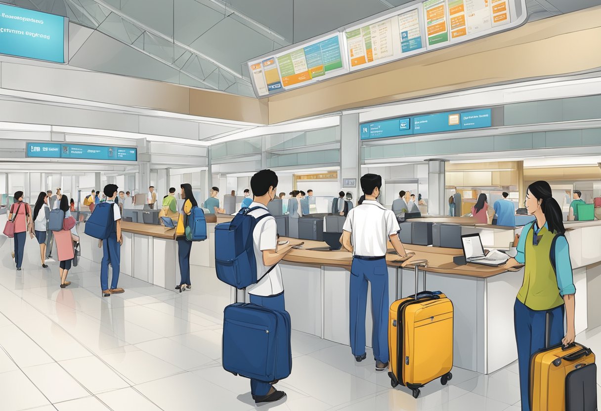 Passengers with luggage approach information desk at Singapore airport arrivals, while staff assist with frequently asked questions