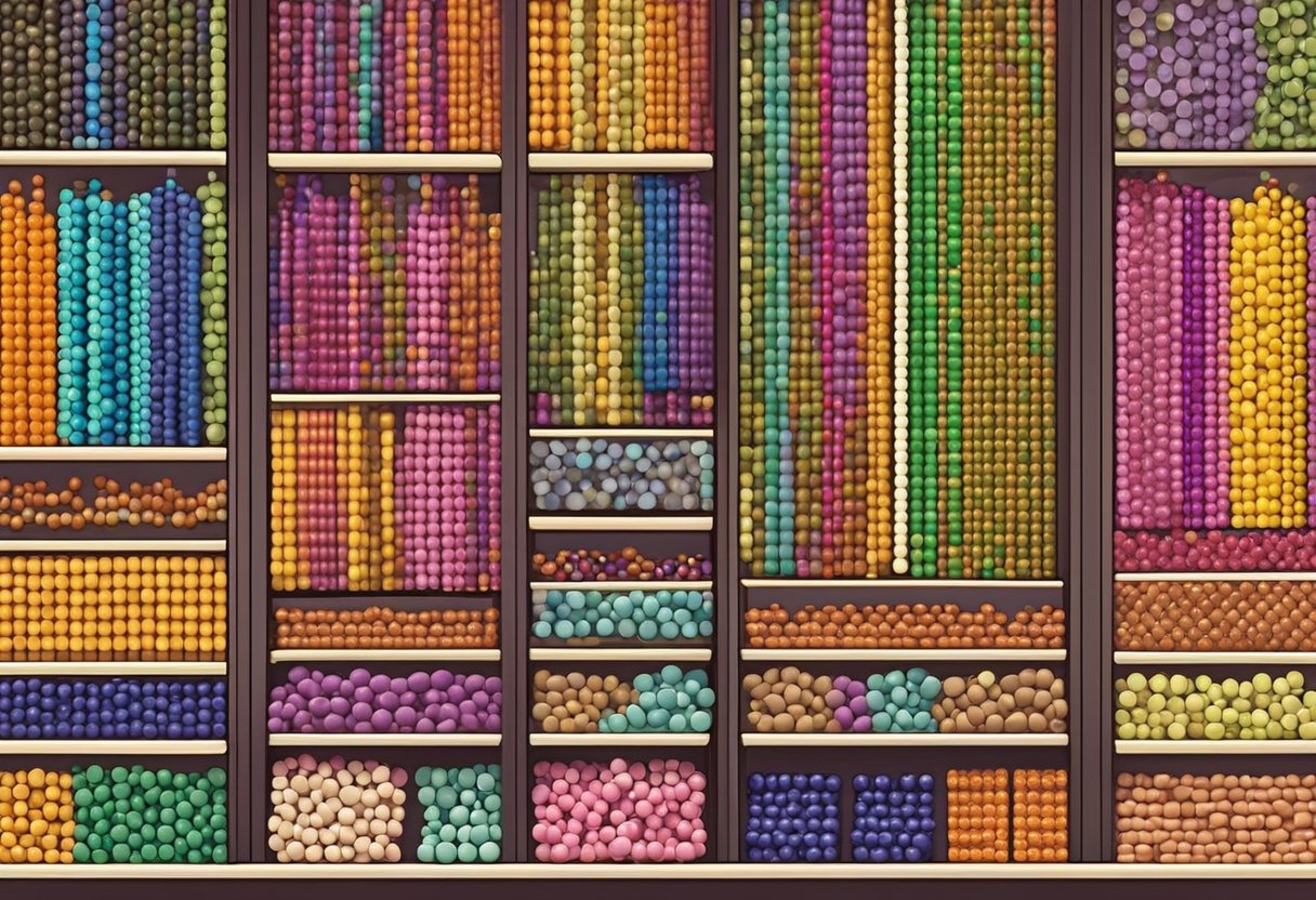Colorful beads displayed on shelves in a Singapore store. Bright lighting and organized arrangement