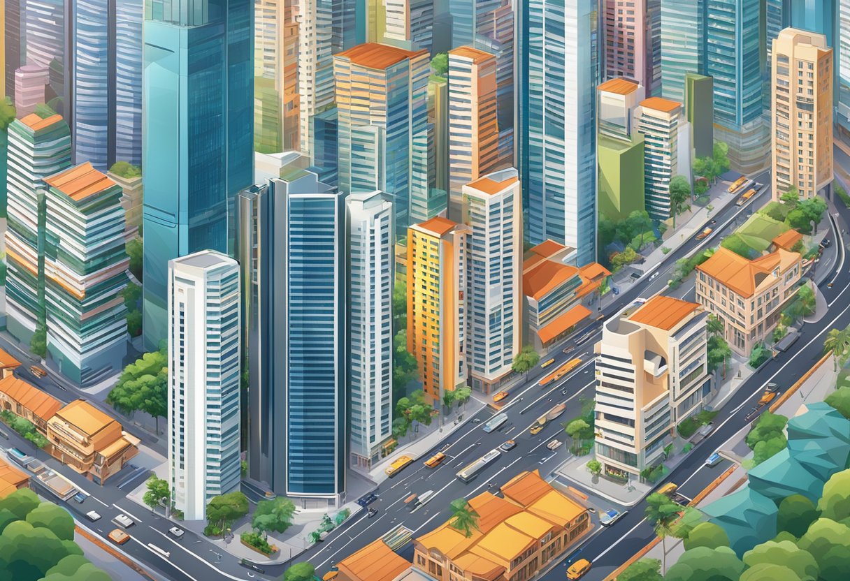 A bustling cityscape with towering skyscrapers and bustling streets, showcasing the diverse districts of Singapore. Vibrant colors and a mix of traditional and modern architecture