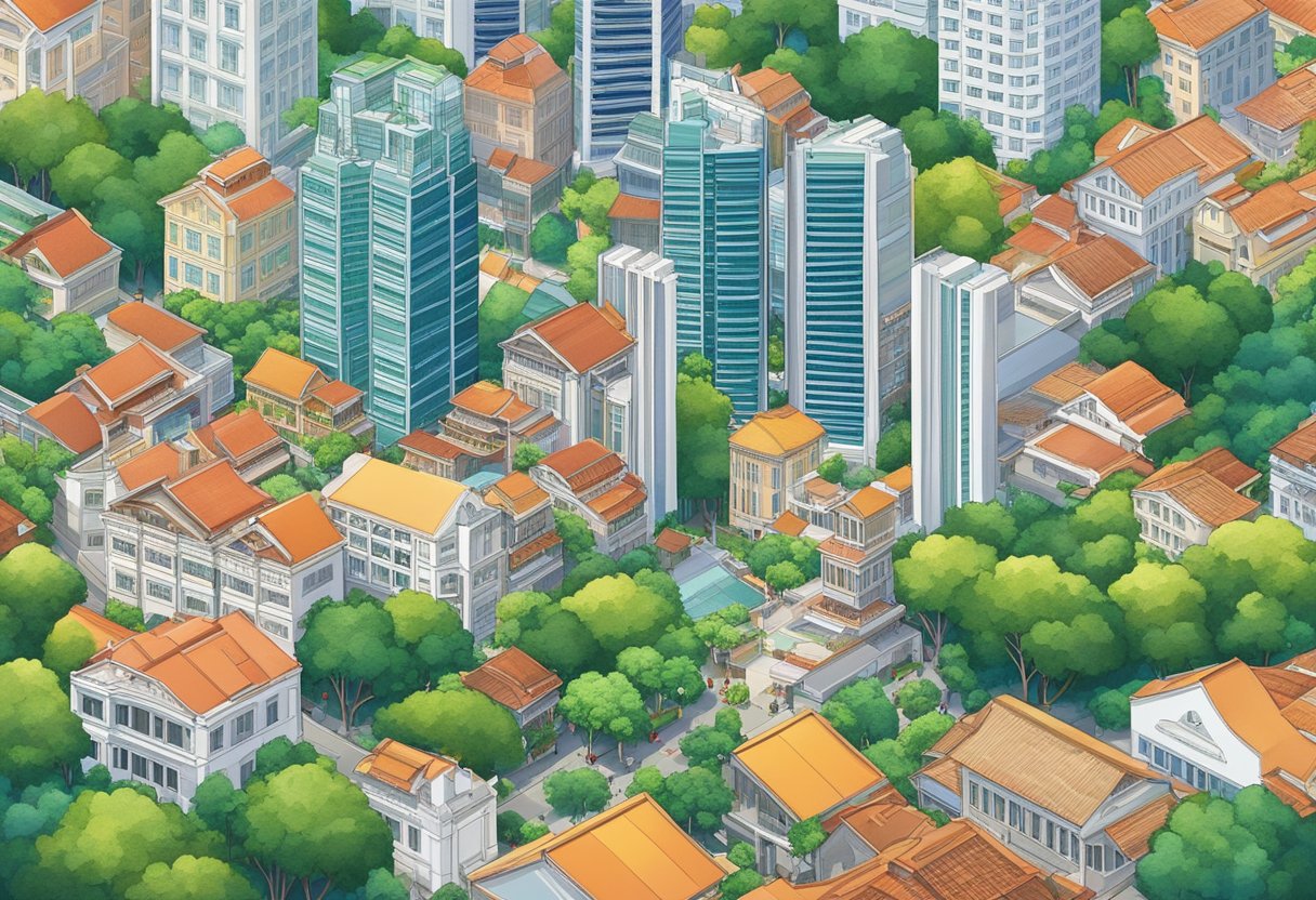 A bird's eye view of Singapore's diverse districts, showcasing a mix of modern skyscrapers, historic shophouses, and lush greenery
