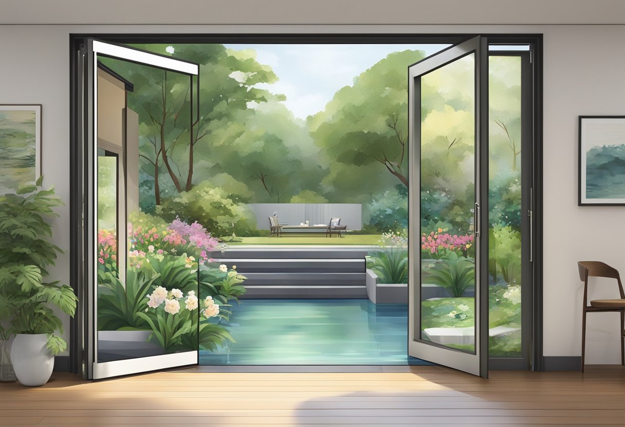 A bifold door in a modern Singaporean home opens to reveal a lush garden with vibrant flowers and a serene pond