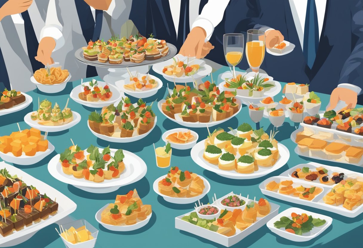 Guests sampling various mini buffet options at a catered event. Tables adorned with an assortment of bite-sized dishes and drinks. A lively and inviting atmosphere
