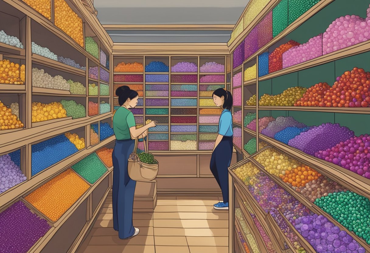 Customers browse colorful beads in a Singapore bead store, with shelves lined with various sizes and shapes of beads, organized by color and material