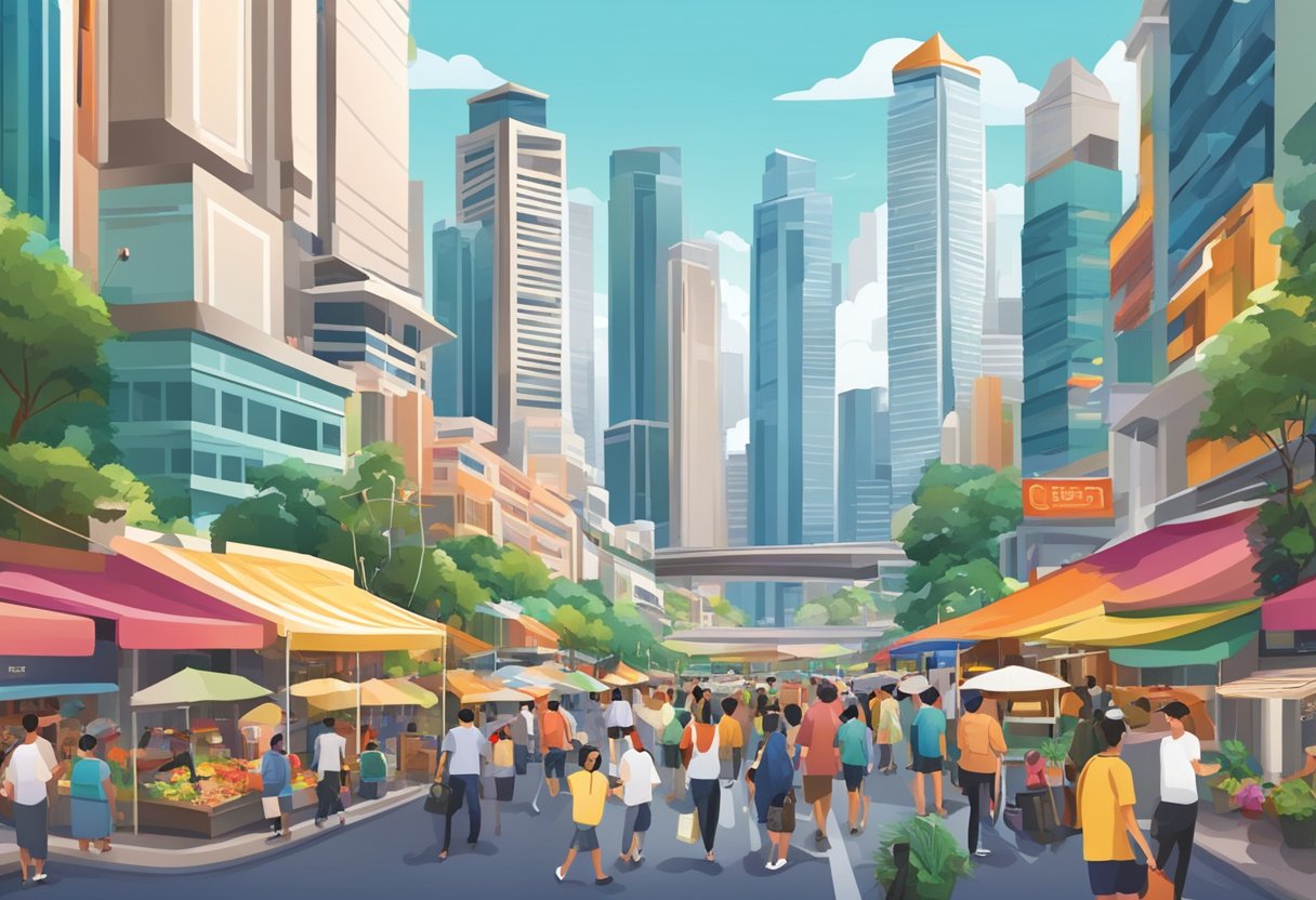 Busy streets of Singapore's diverse districts, with towering skyscrapers, bustling markets, and vibrant cultural landmarks