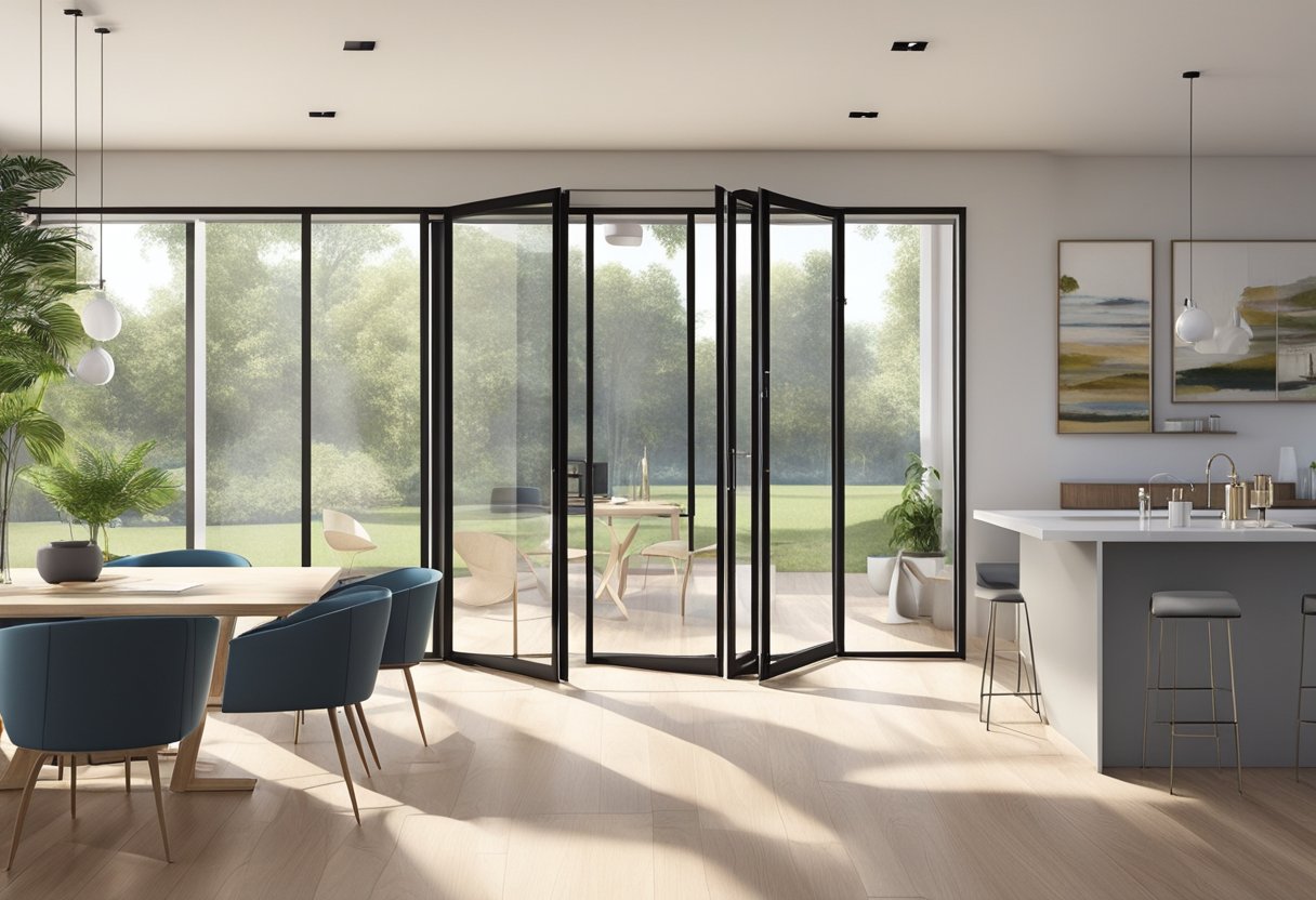 A bifold door opens to reveal a spacious room with natural light streaming in through the glass panels. The clean lines and modern design of the door add a touch of elegance to the space