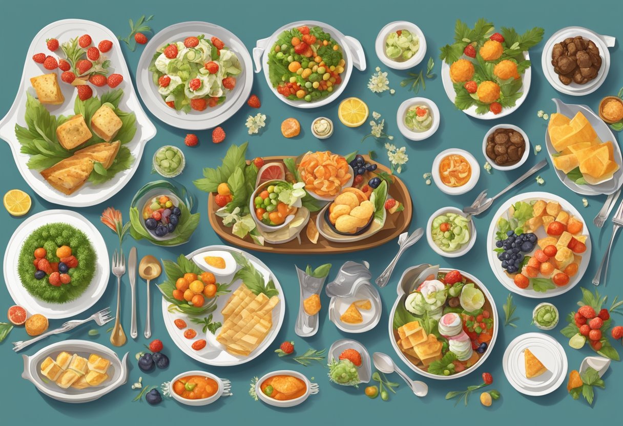 A table adorned with an array of delectable mini buffet dishes, surrounded by elegant serving utensils and decorative garnishes
