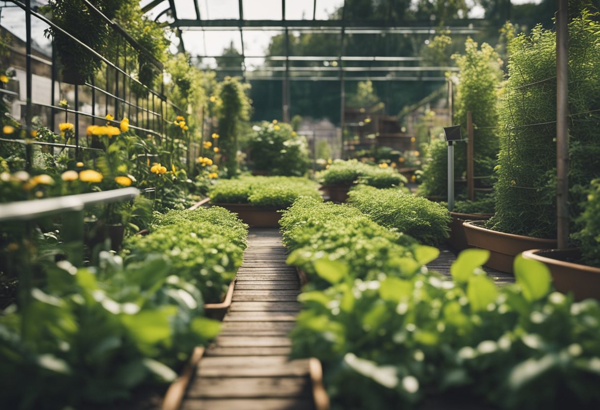 A garden with healthy plants surrounded by barriers and traps, with signs dispelling common pest control myths