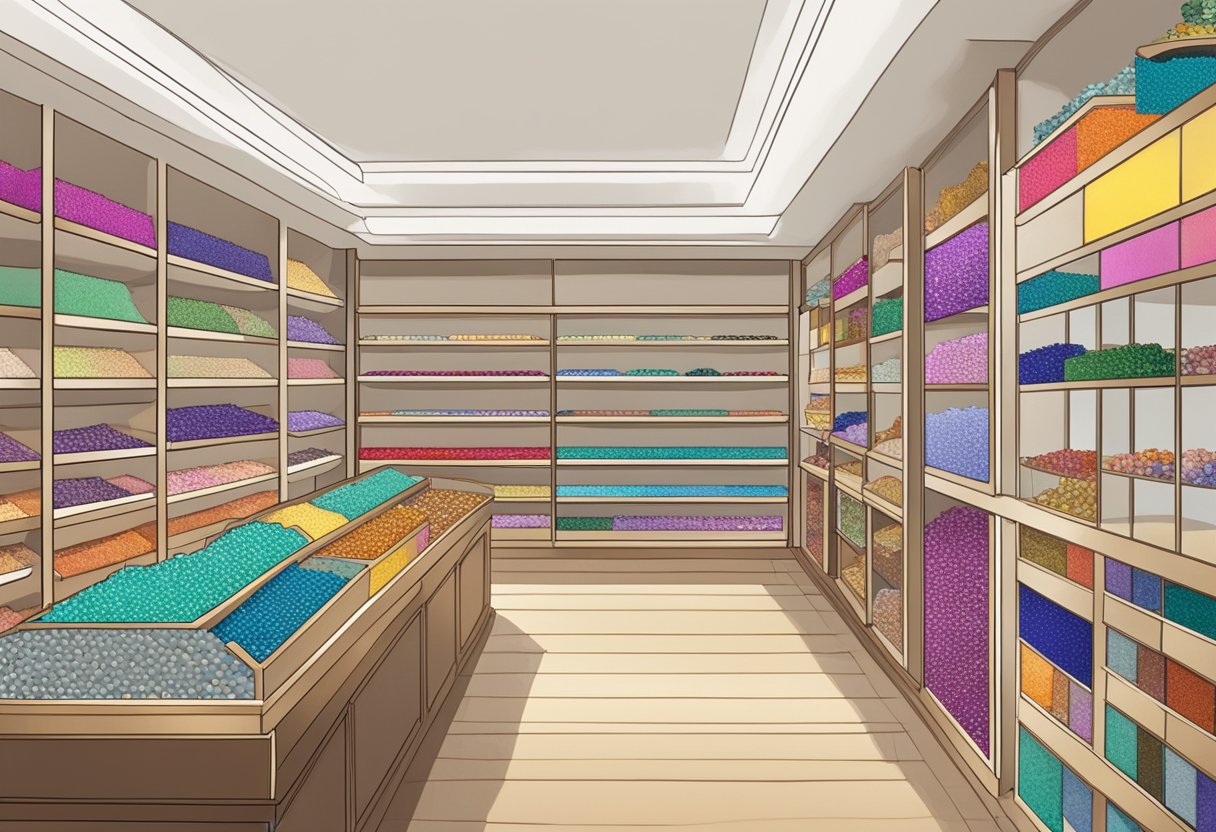 A brightly lit bead store in Singapore with shelves full of colorful beads, organized by size and type. A display table showcases intricate beaded jewelry pieces