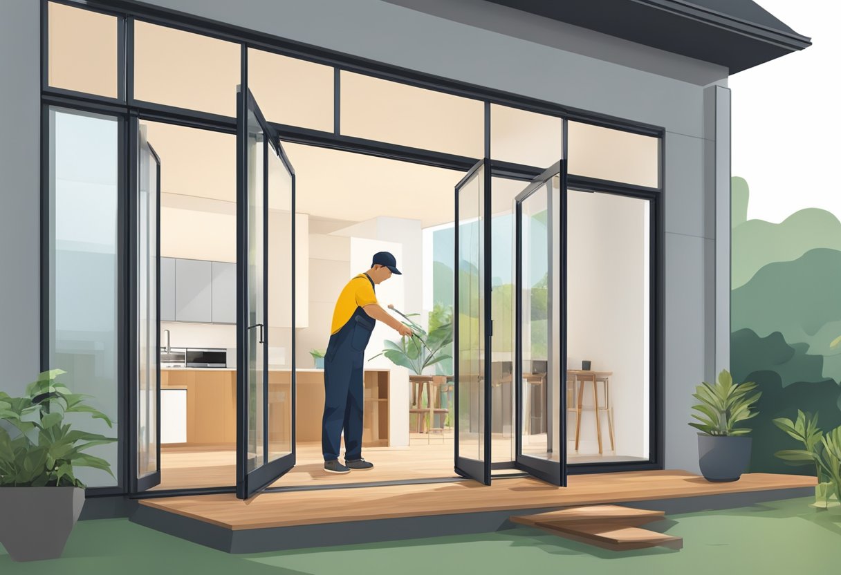 A technician installs and maintains a bifold door in a modern Singaporean home