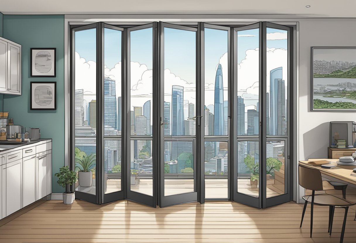 A bifold door opens to reveal a Singaporean skyline, with iconic landmarks in the background and a bustling cityscape below