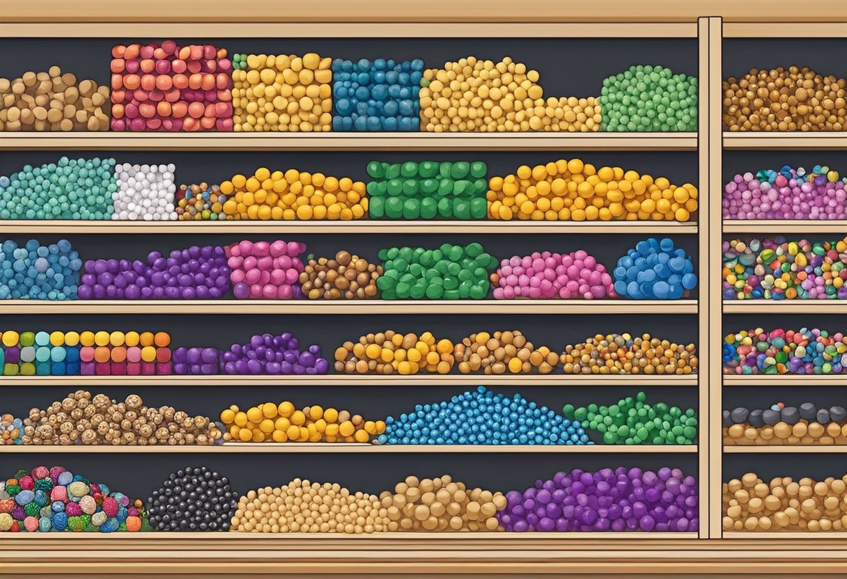 A colorful array of beads and supplies neatly organized on shelves and display cases in a cozy beads store in Singapore