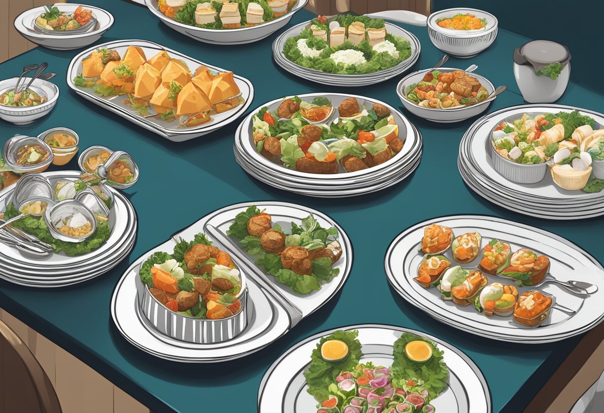 A table filled with various mini buffet dishes, labeled "Frequently Asked Questions mini buffet catering singapore." Plates and utensils neatly arranged