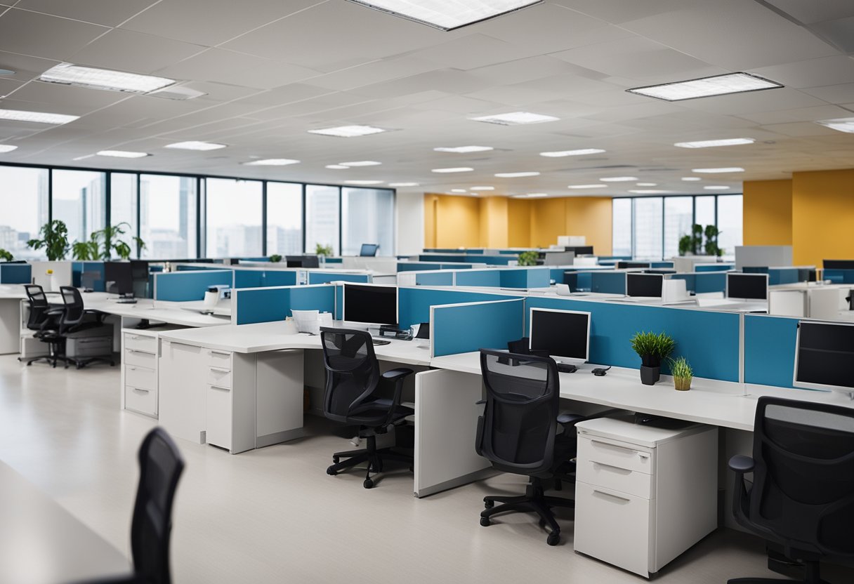 A bustling office with a pristine, pest-free environment. Clean desks, organized spaces, and no signs of pests or insects. A professional pest control team is visible, ensuring the maintenance of the property