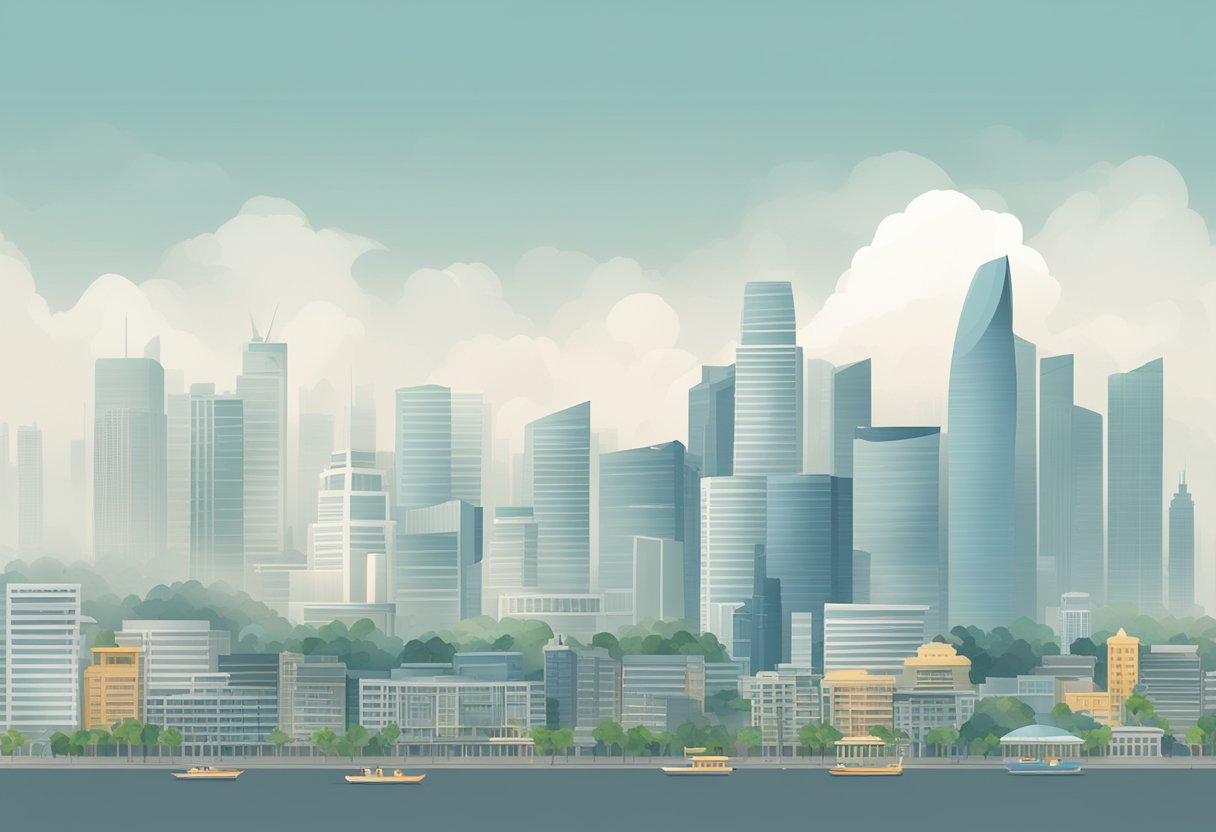 The skyline of Singapore is shrouded in a thick haze, with buildings and landmarks barely visible through the smoky air