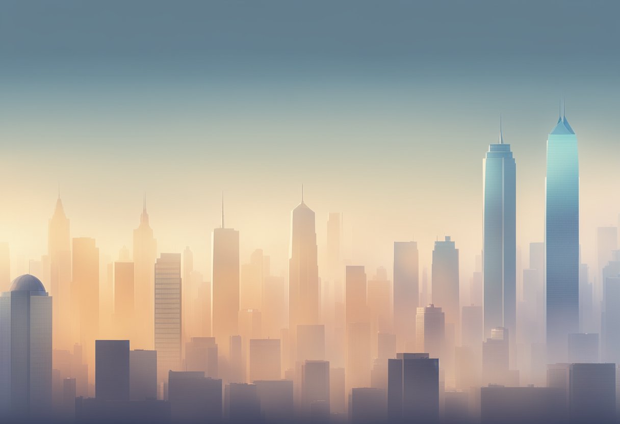 A city skyline shrouded in thick haze, with buildings barely visible and the air quality index (PSI) prominently displayed