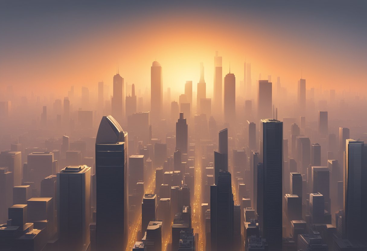 A thick haze blankets the city skyline, obscuring buildings and casting a dull, orange glow. The air quality index (PSI) hovers at hazardous levels