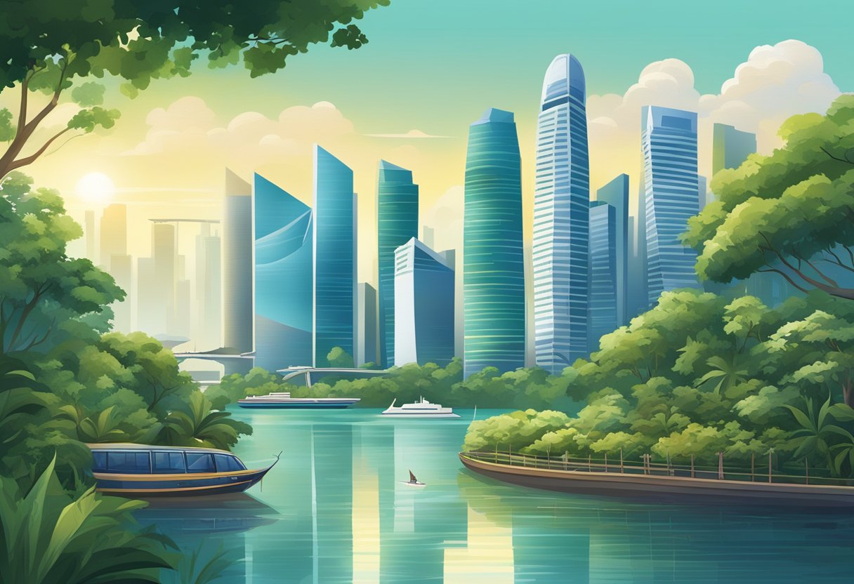 The iconic skyline of Singapore, with its futuristic architecture and bustling cityscape, is set against a backdrop of lush greenery and sparkling waters