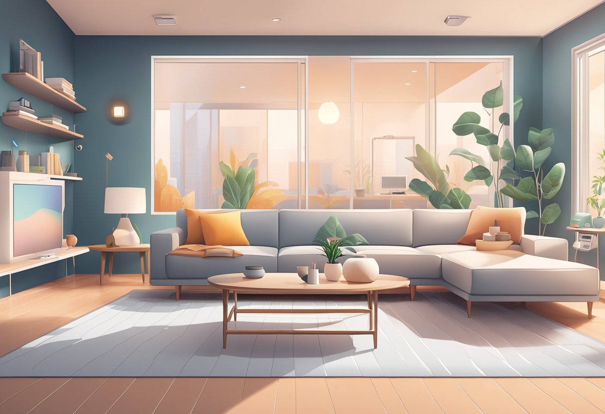 A modern living room with Aqara smart home devices seamlessly integrated, including smart lights, sensors, and security cameras