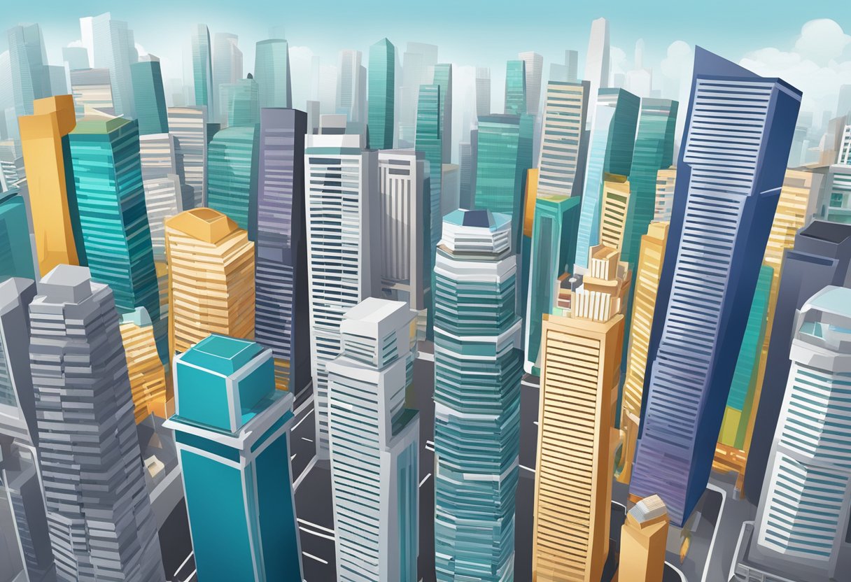 A bustling cityscape with skyscrapers and a prominent BankBazaar Singapore sign