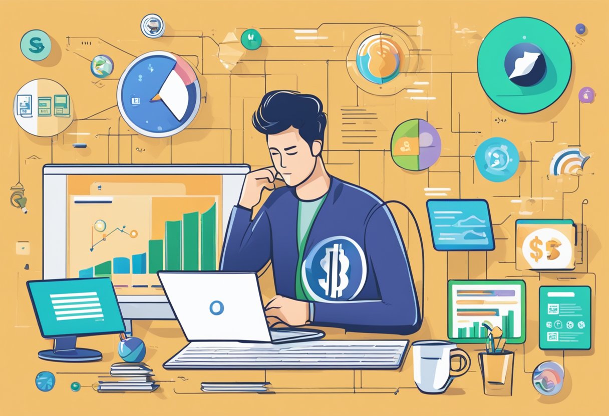 A person browsing financial products on a laptop, surrounded by bank logos and charts