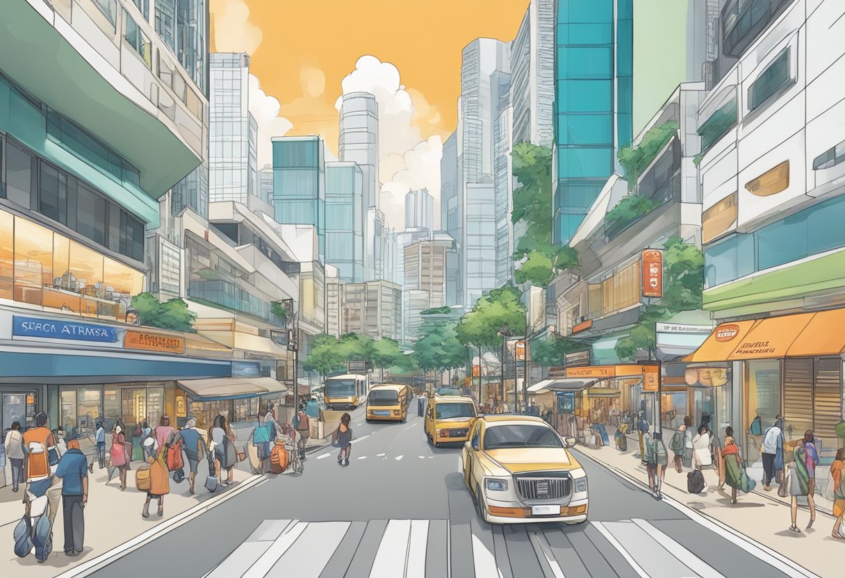 A bustling city street with a prominent storefront labeled "Products and Services atrix singapore" surrounded by modern buildings and busy pedestrians