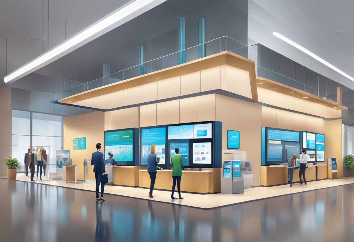 A modern, sleek bank branch with digital screens displaying financial products, customers engaging with interactive kiosks, and staff assisting with personalized financial advice