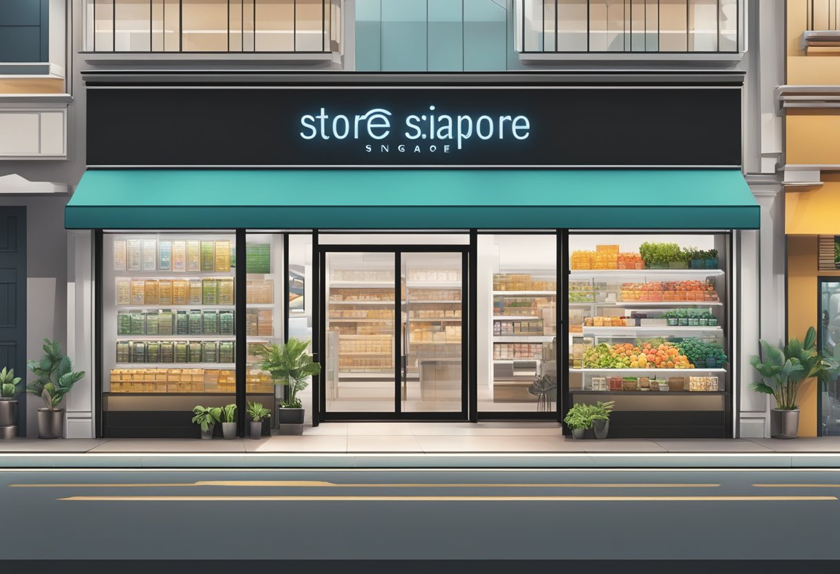 A bustling store front with a modern and sleek design, featuring large windows and a prominent sign reading "Store Information atrix singapore."