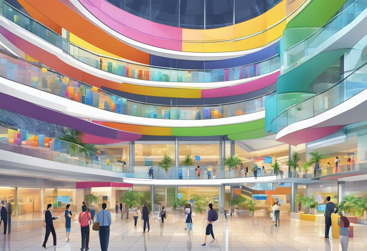 A colorful display of "Frequently Asked Questions" signs at a bustling atrium in Singapore